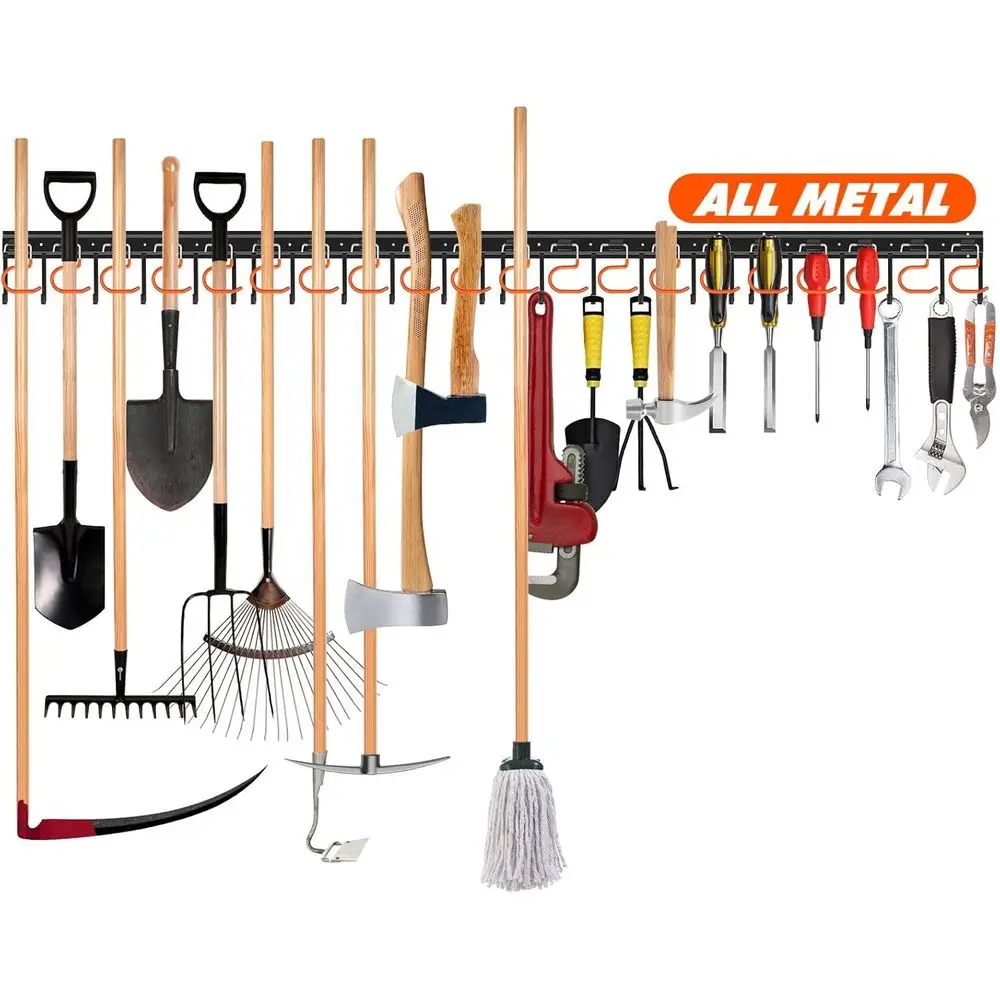

68'' All Metal Garden Tool Organizer Wall Mount Garage Storage Broom Holder with Hooks Tool Hangers