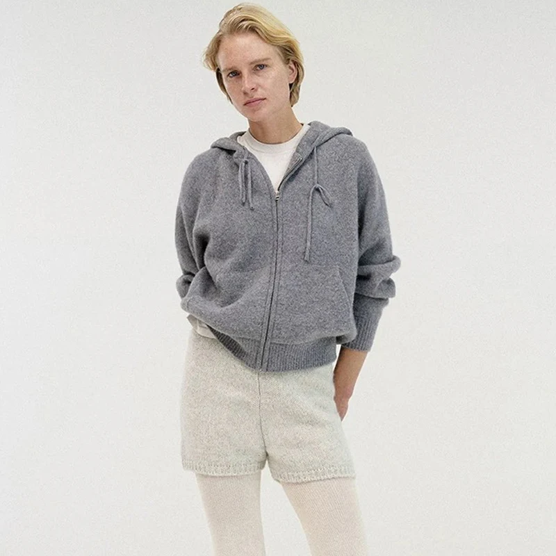 

Корейский модный универсальный повседневный свитер на молнии с капюшоном из шерстяного трикотажа для ранней осени, свободного кроя, с длинными рукавами, ветрозащитный, для поездок на работу