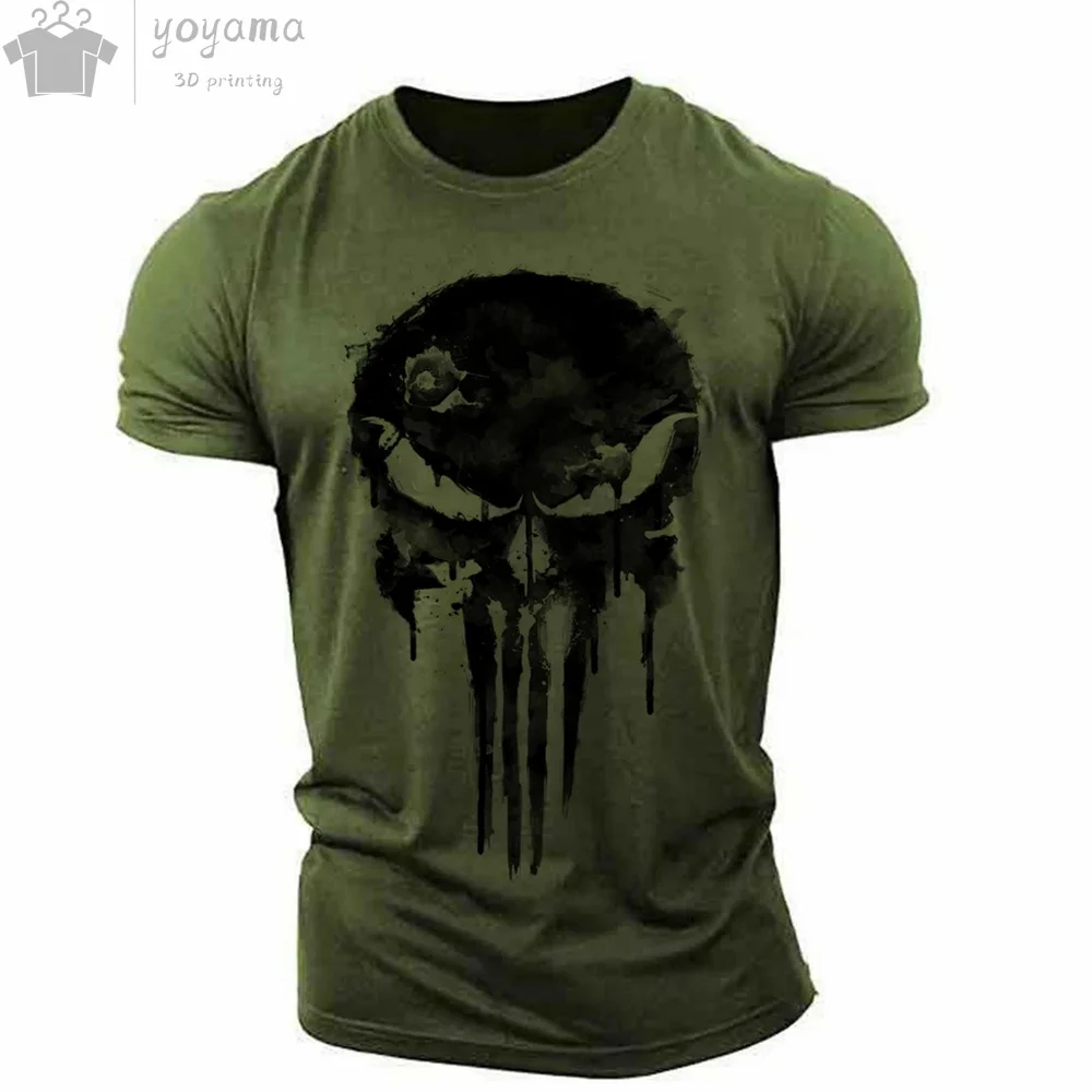 Camiseta masculina com gola em O com impressão 3D, crânio patriótico militar, camiseta extragrande, camiseta de manga curta, blusa esportiva, roupas