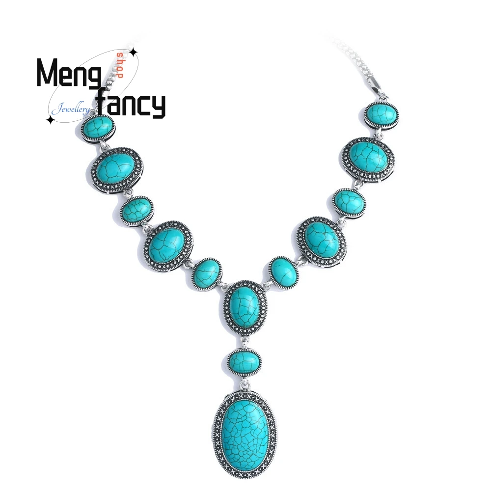 

Retro Synthetic Turquoise Oval Long Bohemian-Style Women's Necklace Accessory Best Selling Handicraft Fashion Jewelry Exquisite