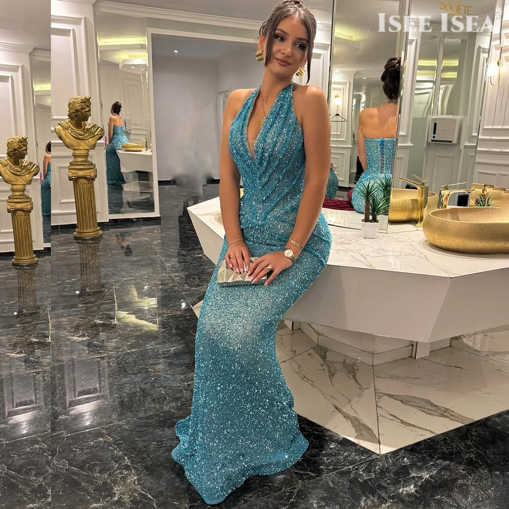 ชุดราตรีสีเขียวอมฟ้าแบบผูกคอ หรูหรา ปี 2025 ผ้าทูลล์ คอวีลึก ทรงเมอร์เมด สวยงาม ชุดราตรีงานพรอมยาวกรอมพื้น ชุดประกวด สามารถสั่งตัดได้