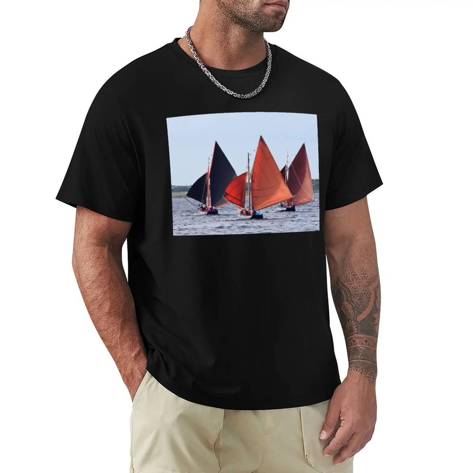 Three Irish boats (Galway Hookers) with red sails T-Shirt cute clothes tees baggy shirts men clothings