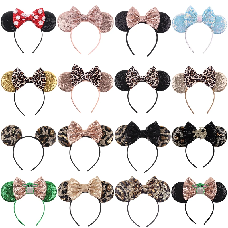 Diadema con estampado de leopardo de Disney para niña y mujer, diademas con orejas de Mickey Mouse, lazo de lentejuelas para fiesta, accesorios para