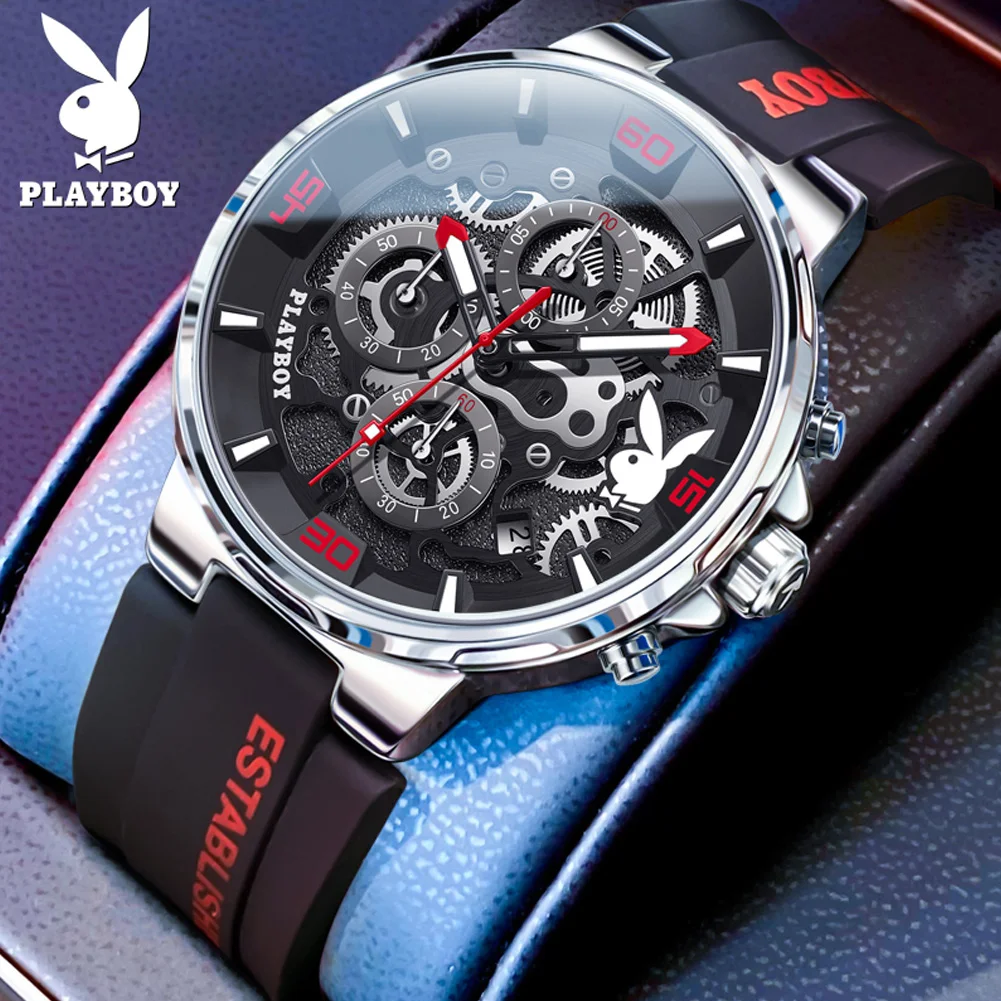 

PLAYBOY модный тренд силиконовый ремешок многофункциональные мужские кварцевые часы высокого качества водостойкие светящиеся часы с хронографом для мужчин