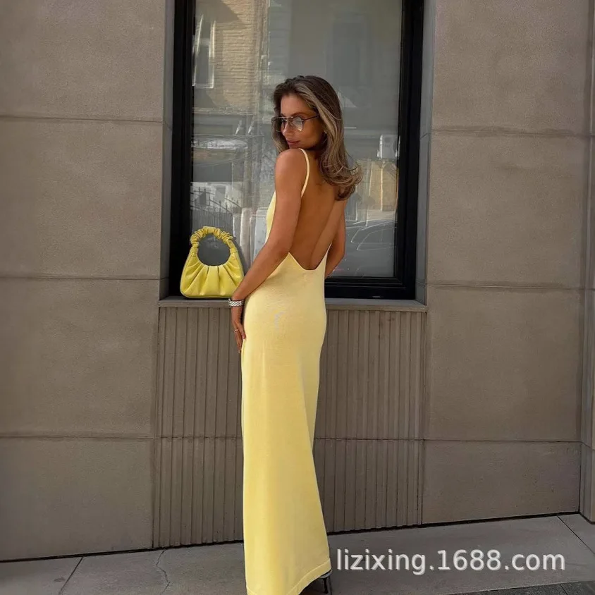 

Solid Color V-neck Women's Tight Camisole Dress Elegant Sleeveless High Waisted Slim Fit Long Dress 2025 Women's Party Club Robe