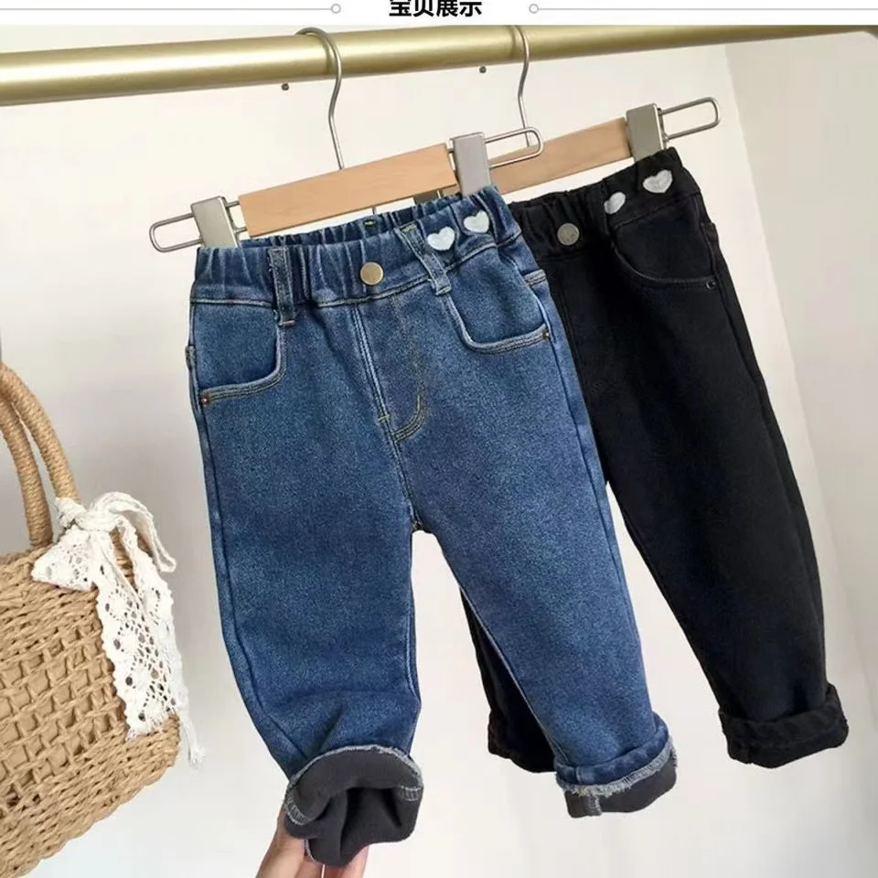 

Girls One piece Velvet Jeans 2024 Autumn/Winter New Baby Elastic Slim Fit with Velvet Feet Pants Children's Warm Pants Kids