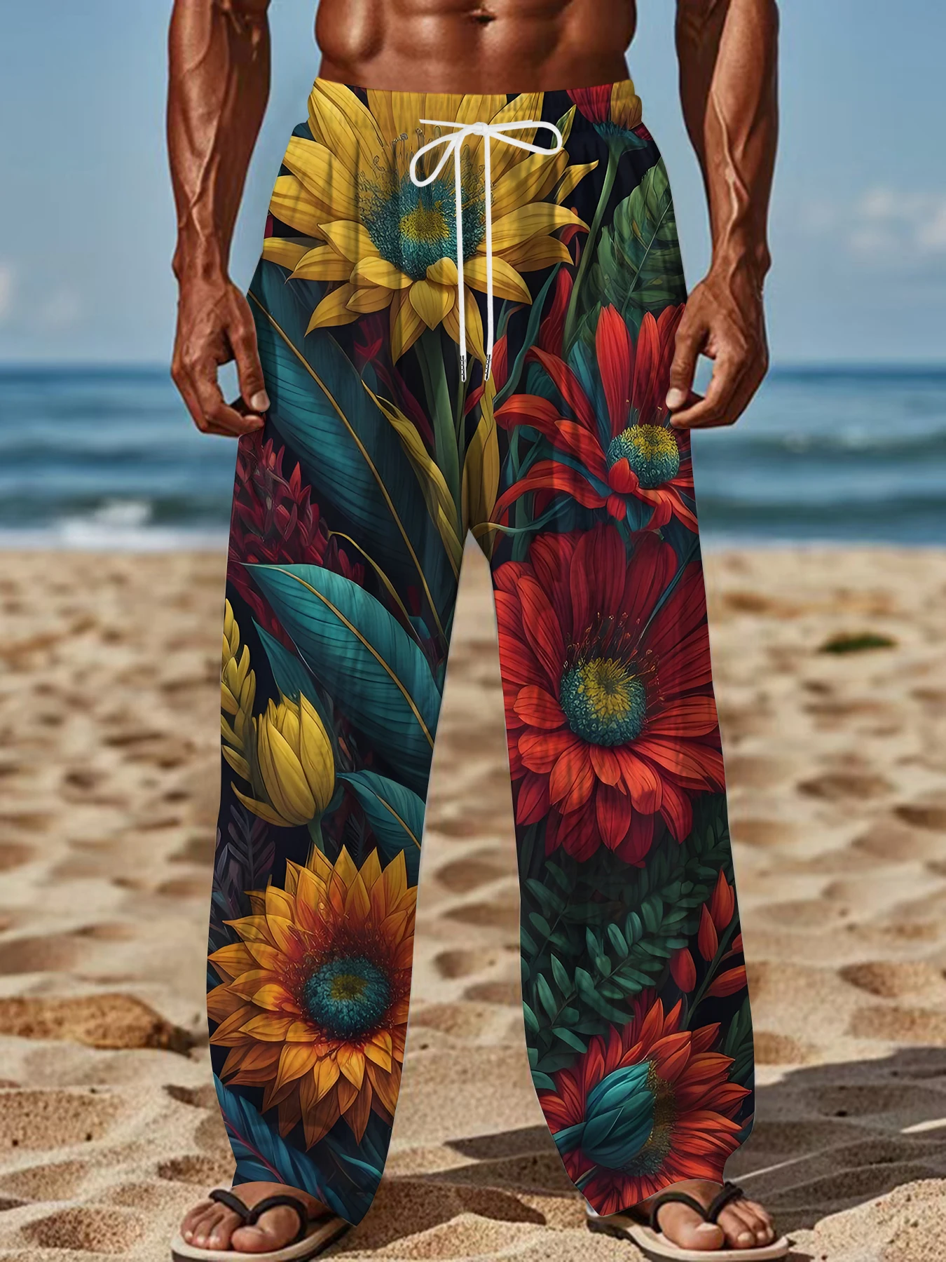 2026 Men's Printed Straight Leg Pants Vibrant Abstract Design Drawstring Waist Loose Fit Summer Beach Casual Fashion Pants