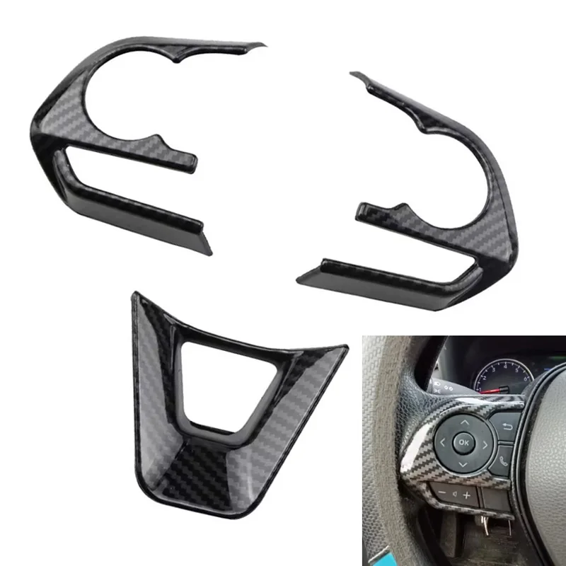 3Pcs/Set Carbon Fiber Look Car Interior Steering Wheel Panel Cover Trim Sticker For Toyota RAV4 / Corolla E210 2019 2020-2024