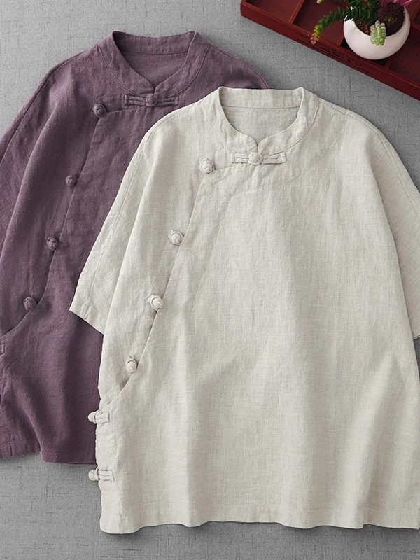 Loose Fit Cotton Linen Short Sleeve Shirt Women's plus Size Traditional Chinese Style Top Korean Japanese Tagless Tea Clothes