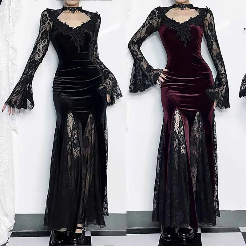 Halloween Meerjungfrauenkleid Spitze Langarm Y2K Lolita Gothic Punk Schwarzes Gewand Vintage Taillengürtel Partykleid