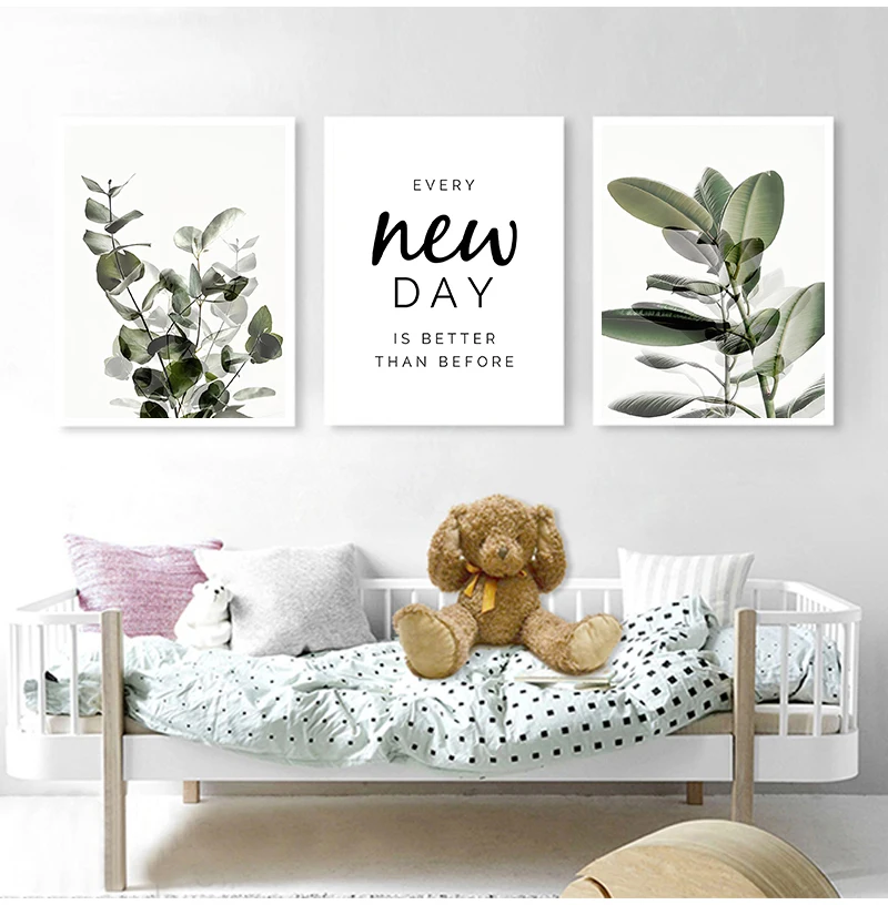 Green Plant Leaves Poster Print Eucalyptus Wall Art Canvas Painting Picture for Living Room Optimistic Quote Home Decoration