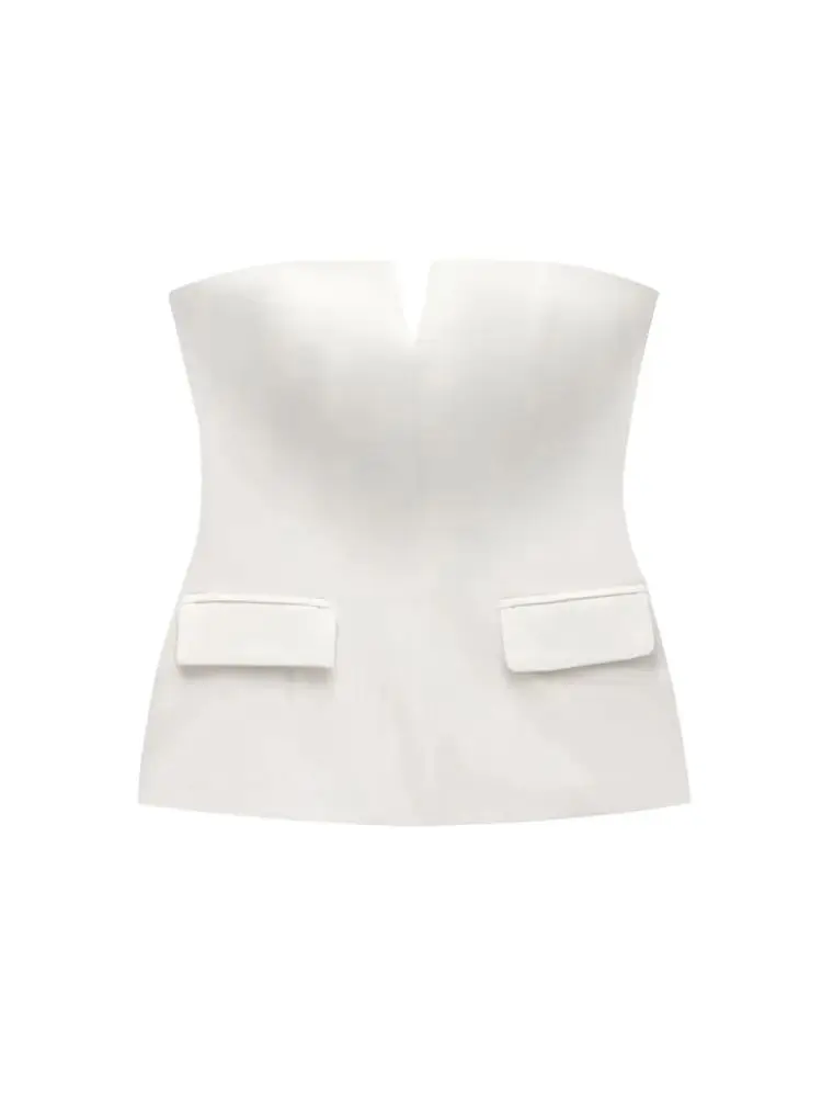 Top de negocios sin tirantes para Mujer, camisola de moda con escote en V y hombros descubiertos con cremallera lateral, camisola Sexy para Mujer