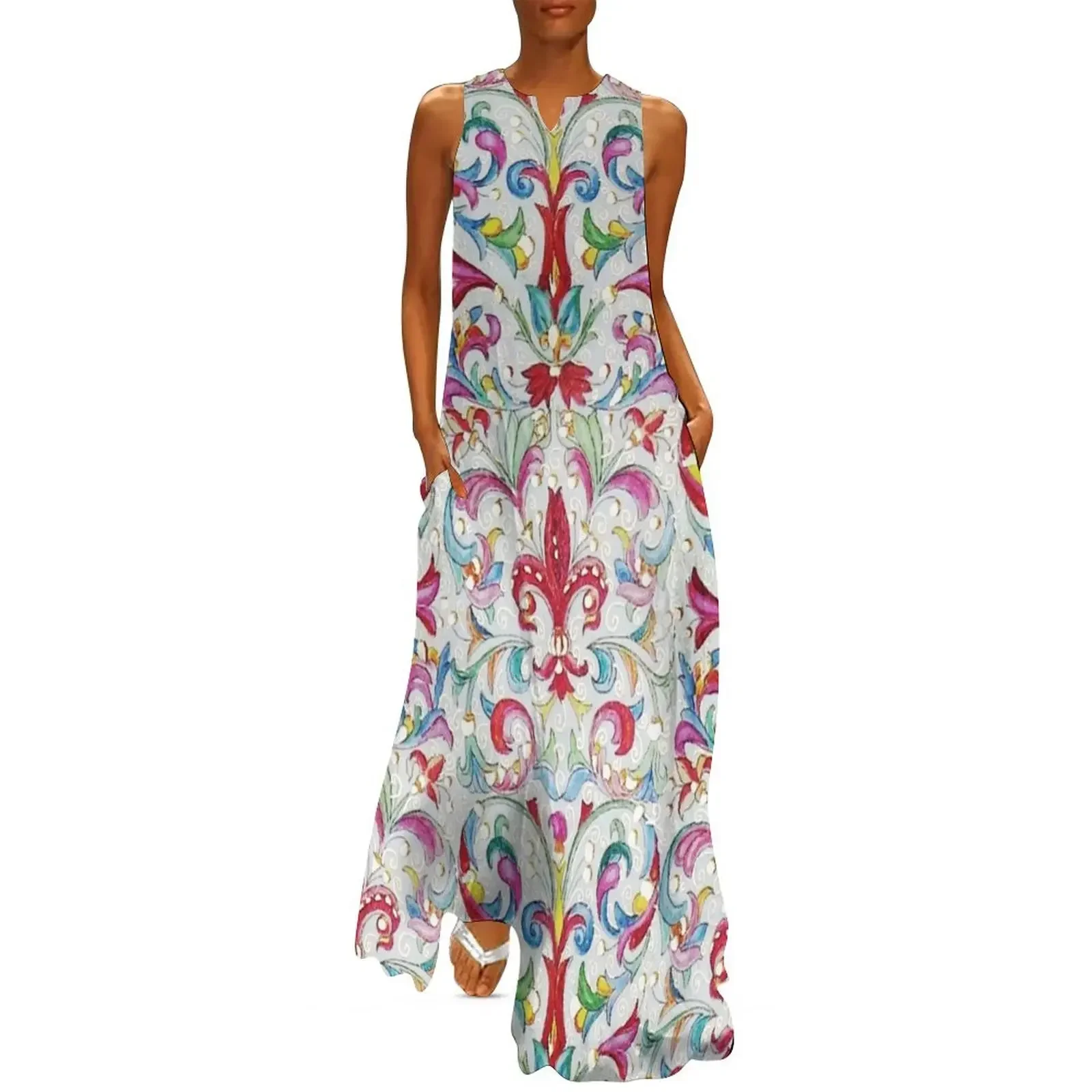 

RED FLEUR DE LYS, FLORENTINE RENAISSANCE FLORAL Red Blue White Flowers,Swirls,Fruits, Leaves Long Dress long dress women Dress