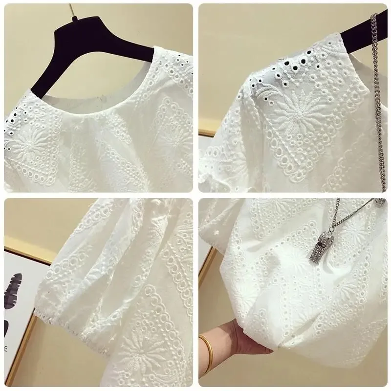 Summer Shirts Hook Flower Short Sleeve Lace Shirt White Lace Top Women Korean Fashion New Small Blouse Women White Blouse 13439