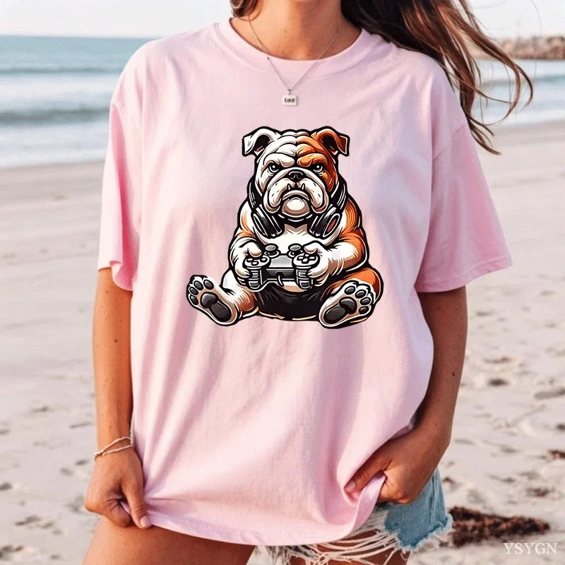 English Bulldog Dog Funny Video Games Gamer T Shirt Vintage Washed Comfortable Homme Fashion Graphic Casual Versatile Stylish