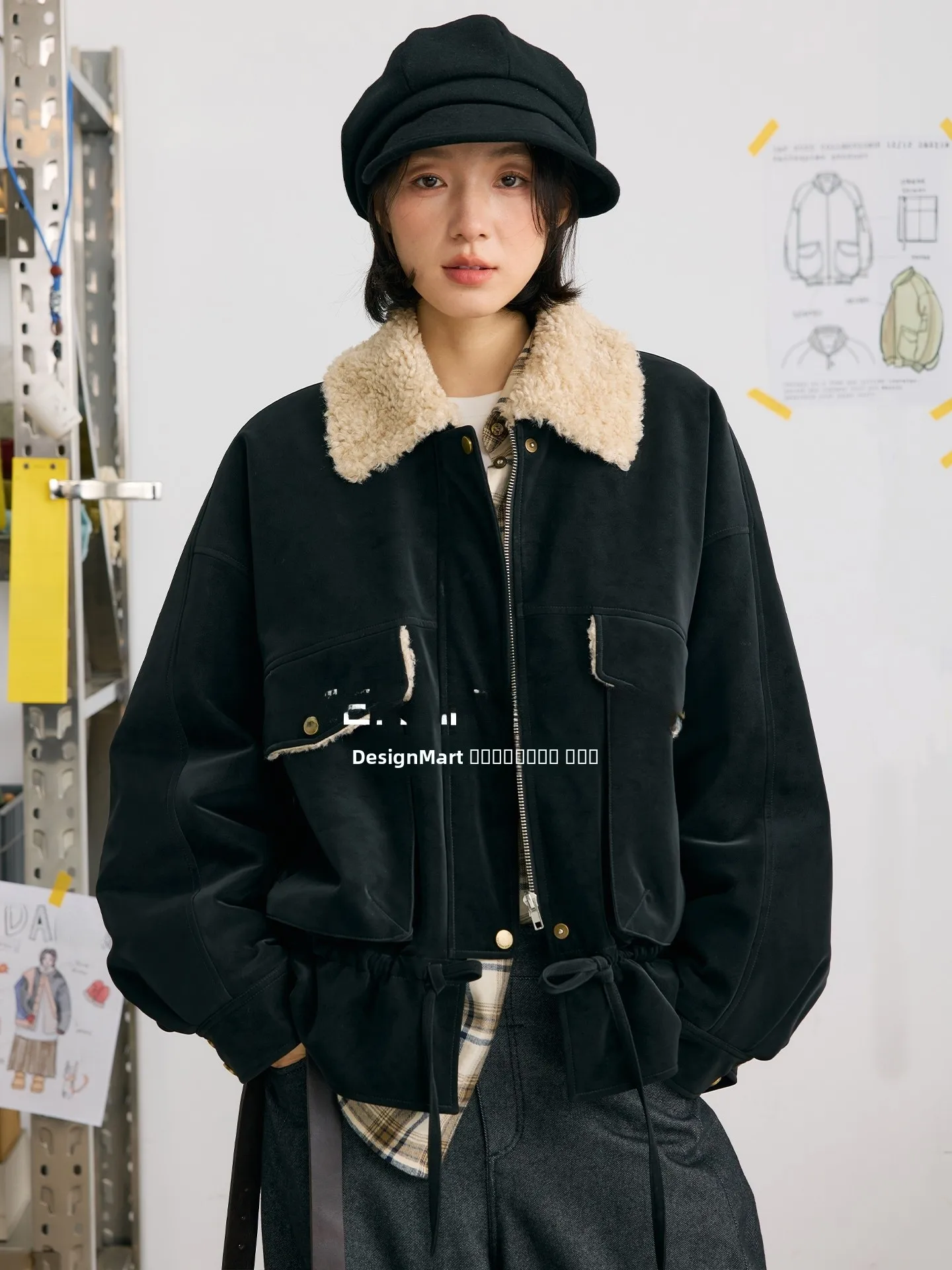 

Куртка из замши с пушистым воротником и двухцветным дизайном, с принтом оленя и летящей птицы, свободного кроя, в стиле ретро, модель 73, хлопковая верхняя одежда