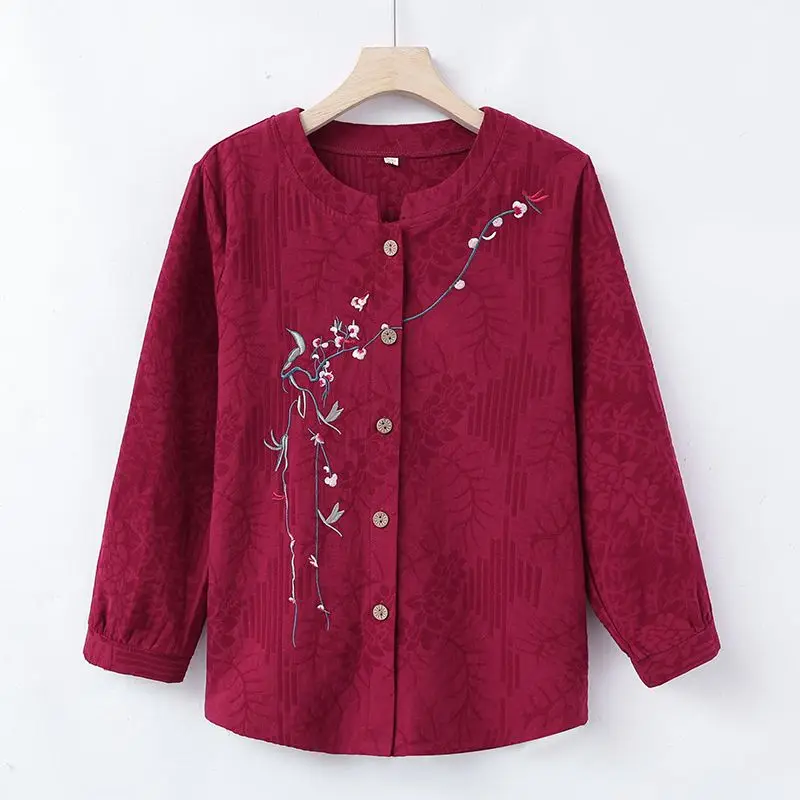 

Mom Spring Autumn Pure Cotton Girl Middle-aged Elderly Long Sleeve Round Collar Shirt Grandma Embroidered Cardigan