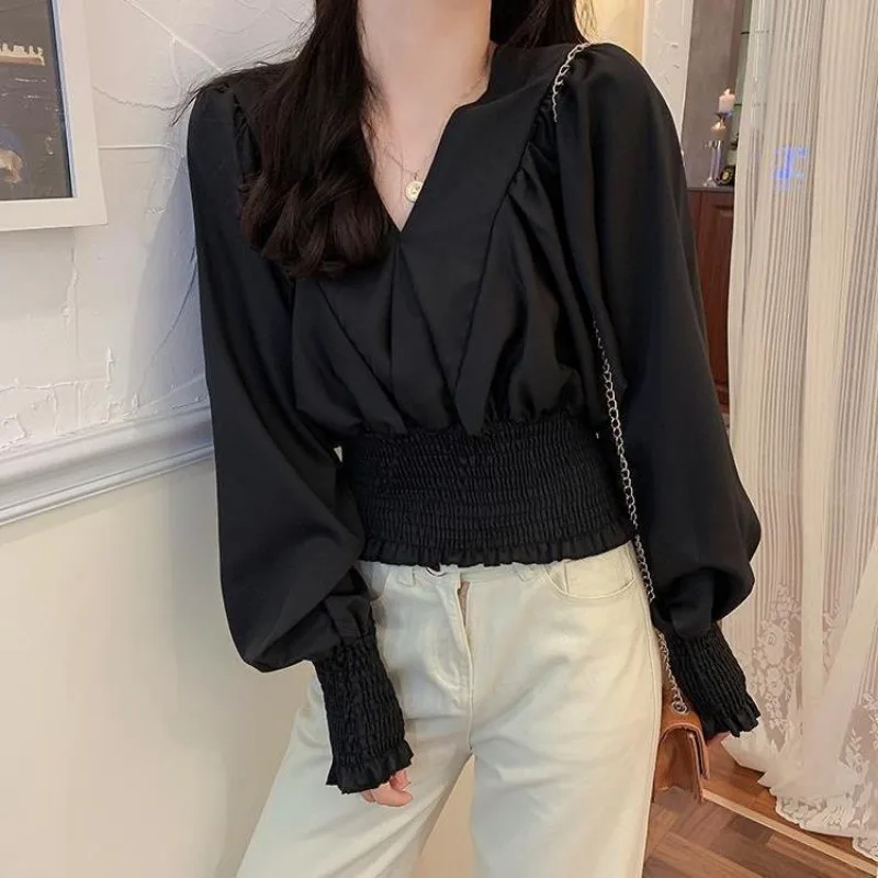 Women Autumn Korean Fashion Loose Pleated Solid Color V-neck Long Sleeve Shirts Ladies Office Lady All-match Appear Thin Tops