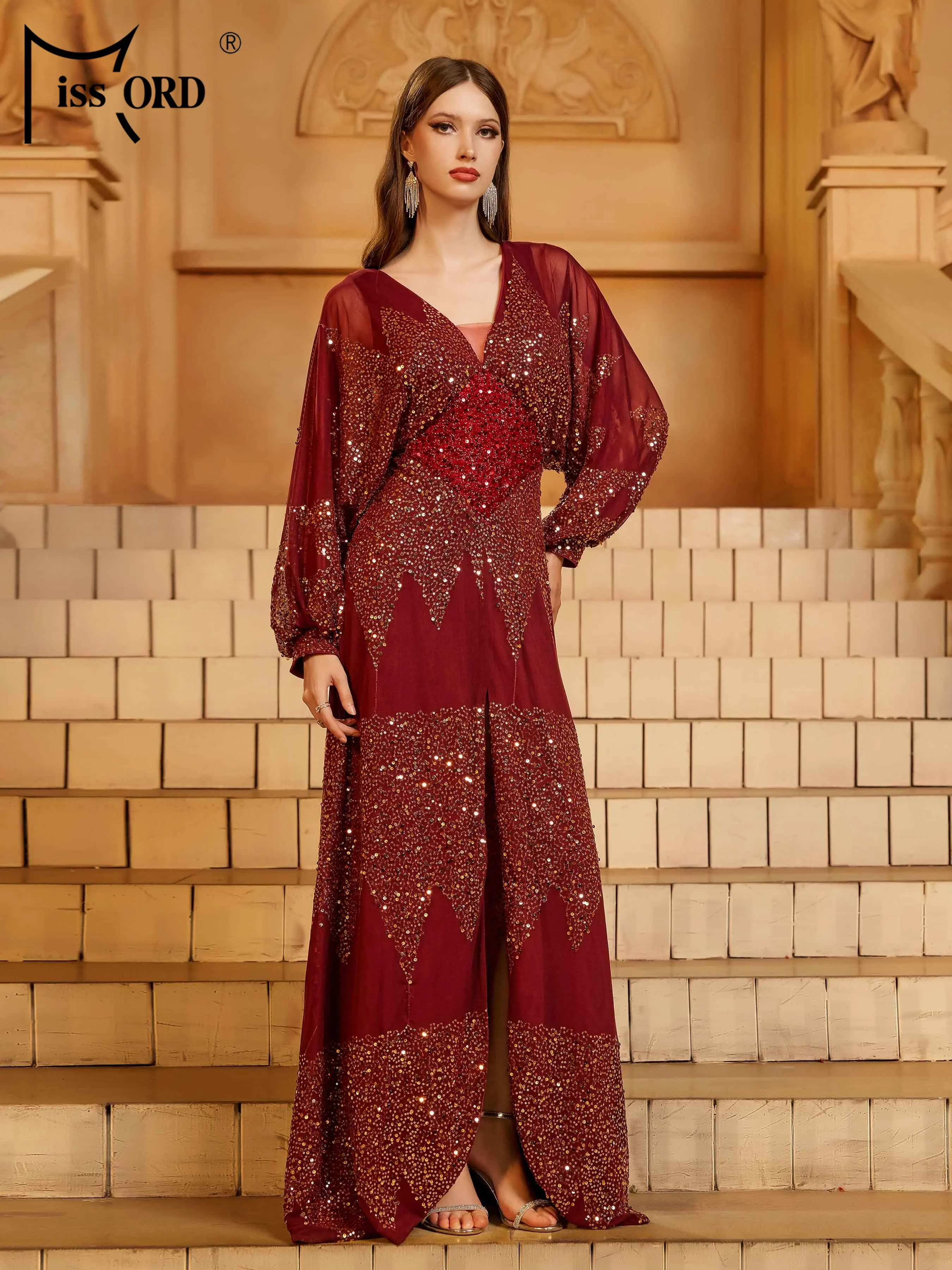 

Missord New V Neck A Line Middle Eastern Evening Cocktail Prom Wedding Birthday Party High Quality Luxury Maxi Dress