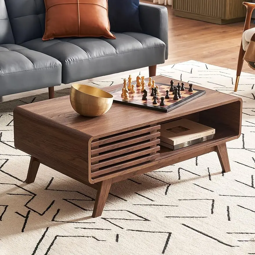 

Ensley Mid Century Modern Rectangle Coffee Table with Dual Storage Shelf, Wood Slat Sliding Door