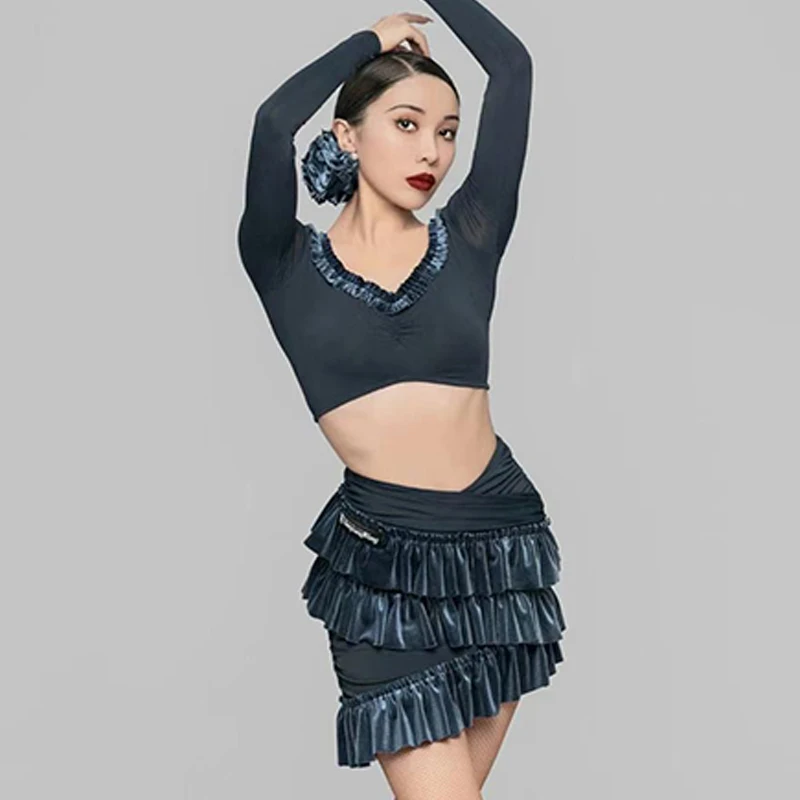 Latin Dance Clothes Women Long Sleeves Short Tops Ruffled Skirt Adult Cha Cha Rumba Dance Practice Clothing Show Wear DNV19101