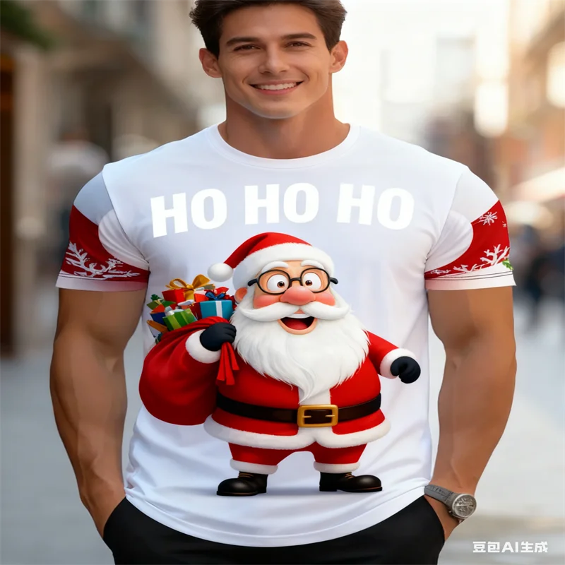 

Summer New 3D Printed Funny Santa Claus Men's T-shirt Fashion Holiday Short-sleeved Tee Casual Crew Neck Loose Streetwear Tops