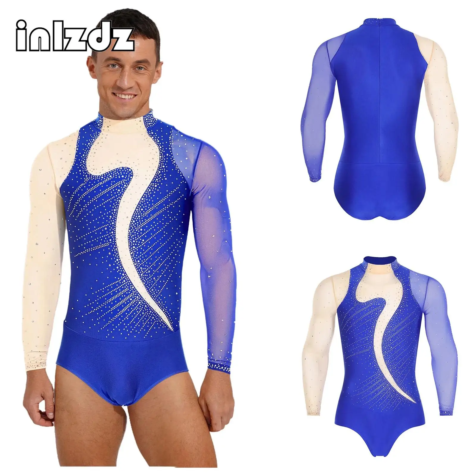 

Men Figure Skating Performance Costume Training Jumpsuit Contrast Color Rhinestones Bodysuit for Ballet Latin Dance Competitions