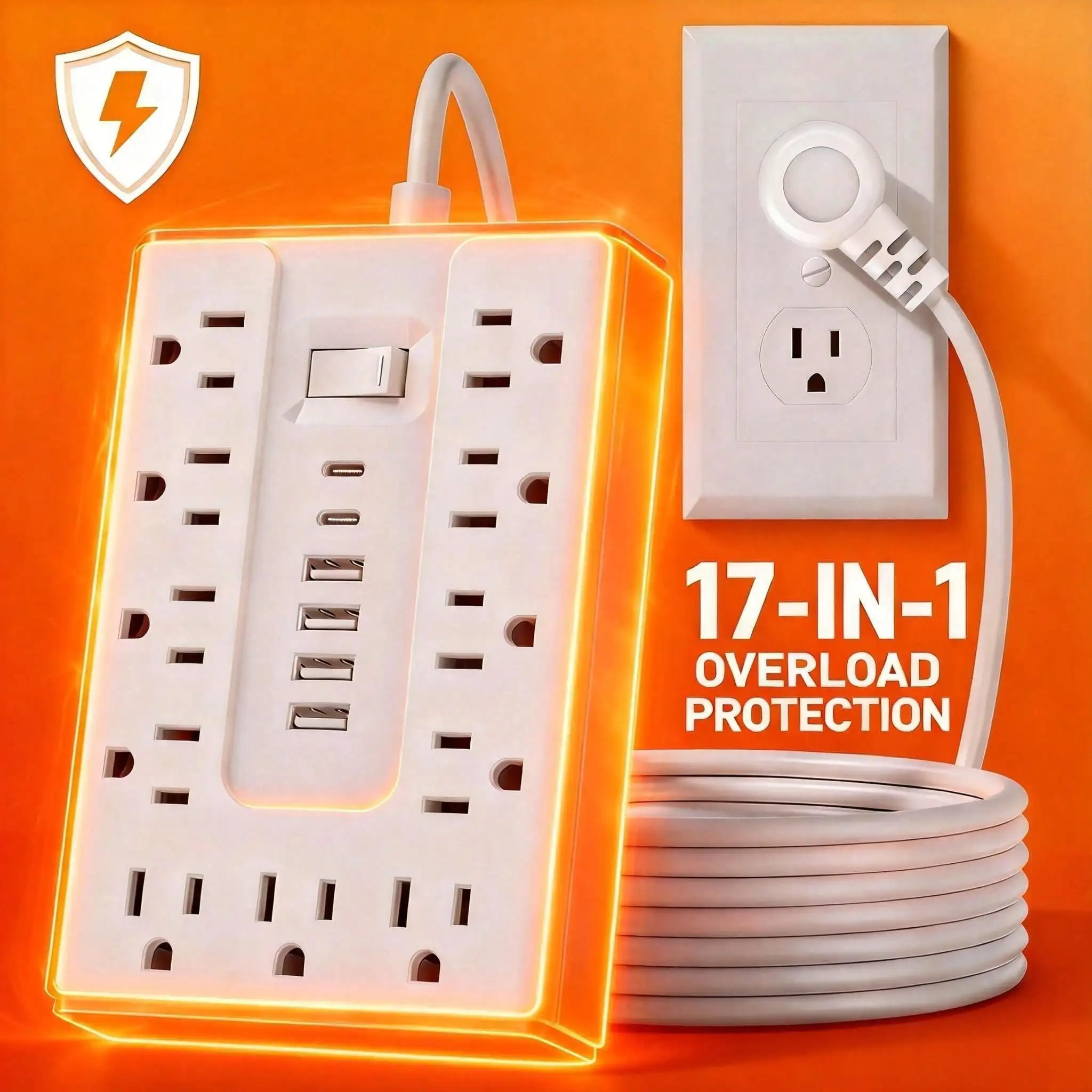 5FT Power Strip Surge Protector, 11 Widely Outlets with 6 USB Ports (2 USB C), Multi Plug Wall Outlet Extender