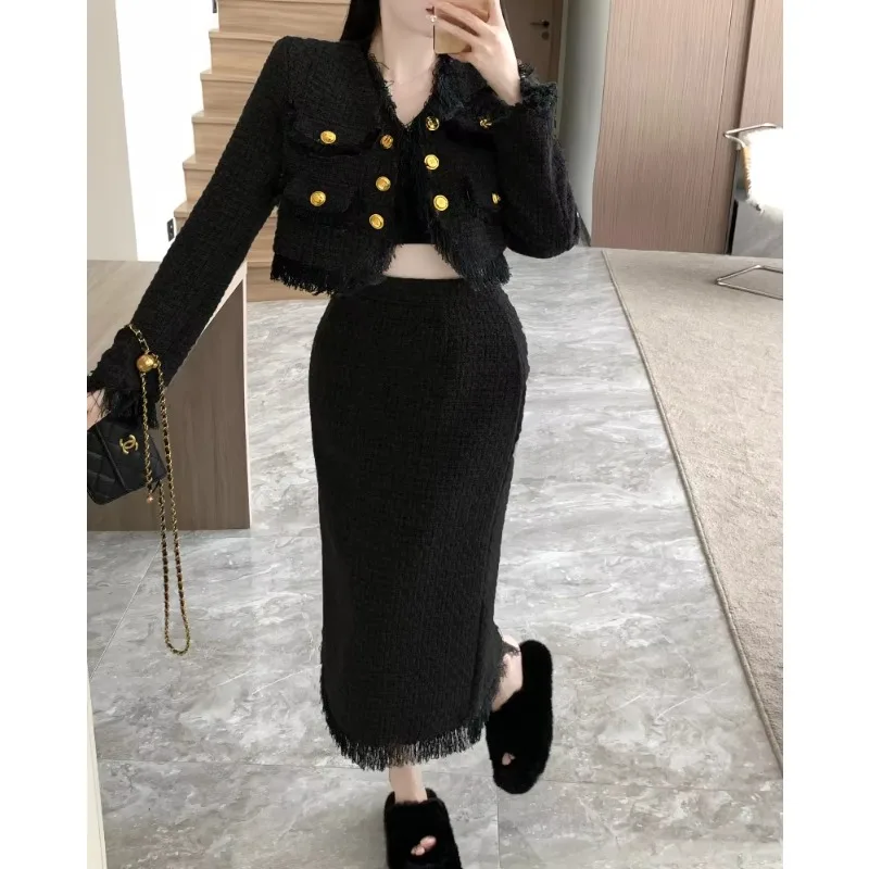 2 Piece Sets Women's Skirt Outfits Socialite Autumn 2025 French Long Sleeve Tassel Coat and High-end Slimming Long Skirt Suits