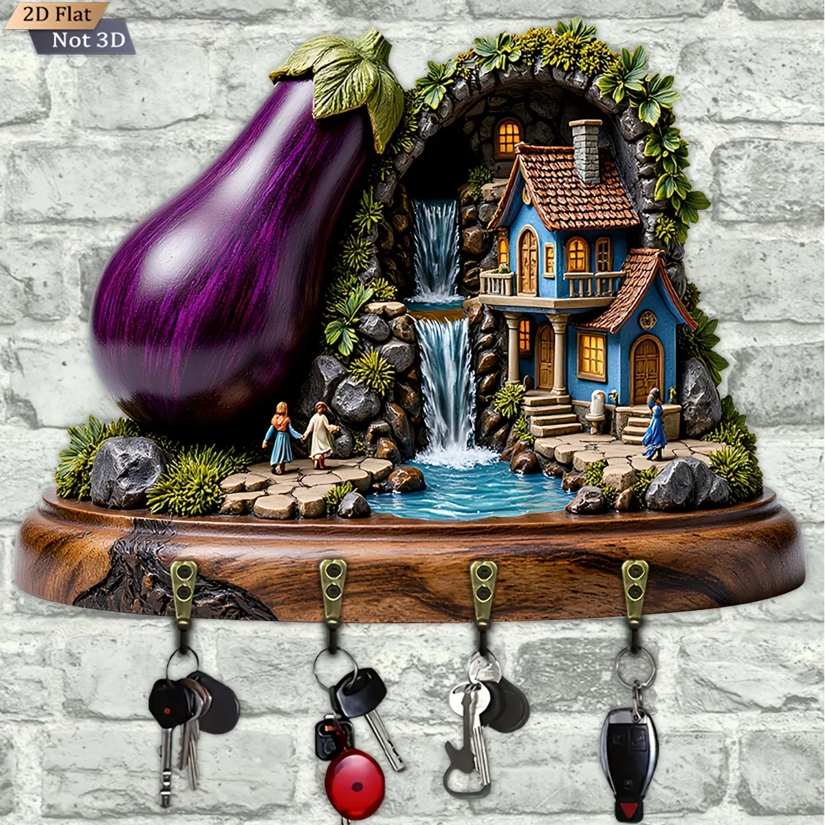 2D Flat, 1pc, Eggplant - Shaped Key Hook Wooden Multifunctional Home Key Rack, with Four Metal Hooks, Wall Decoration, Porch