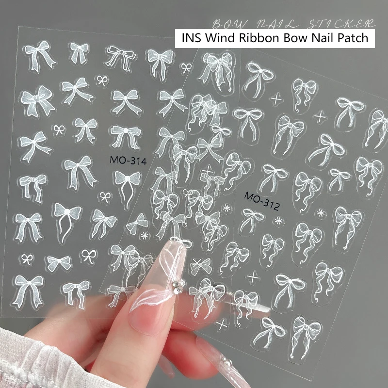 1 Sheet White Ribbon Bowknot 3D Embossed Relief Nail Art Decoration Sticker Manicure Tool Decals