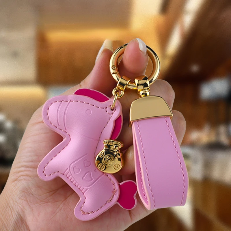 Handmade Leather Pony Car Keychain Cartoon Rocking Horse Bag Pendant Stitch Cute Keyring Ornament Key Chain Car Pendant Gifts