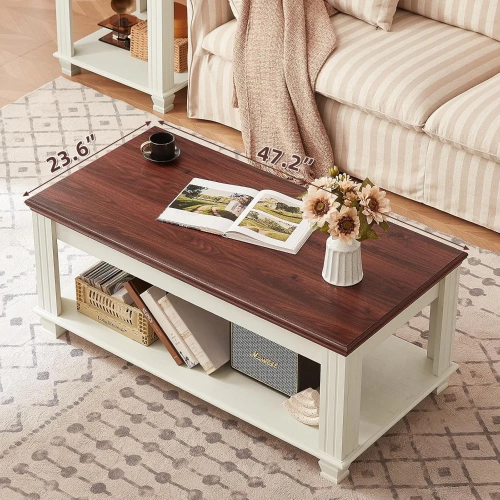 Farmhouse Coffee Tables for Living Room,Square Tea Table with Open Storage Shelf,Large Coffee Table,Rustic Wooden Center Table,W