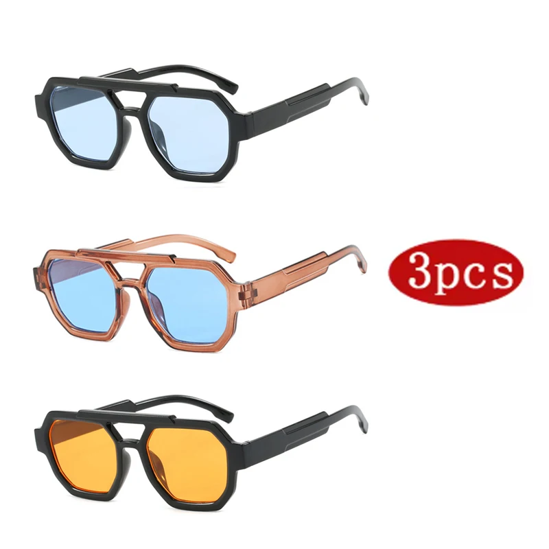 

3pcs Punk Square Sunglasses Set for Women Ocean Color Double Bridge Fashion Retro Eyewear UV400 Sun Shades