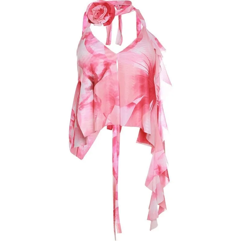 French Rose Halter Vest Summer New Pink V-neck Irregular Women Tank Fashion Sexy Thin Design Sense Top