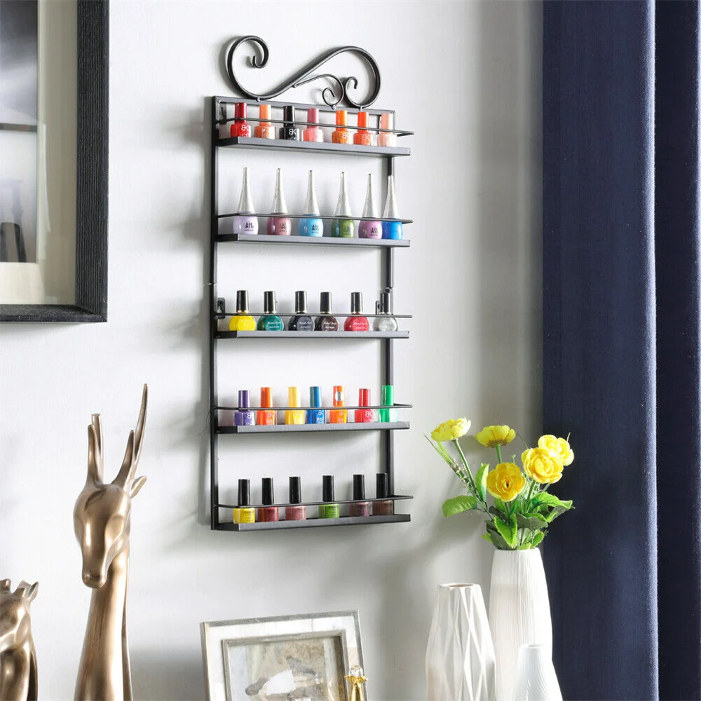 5 Tier Nail Polish Display Metal Rack Wall Mount Organizer Makeup Shelf Holder 50 Bottles for Home High Quality