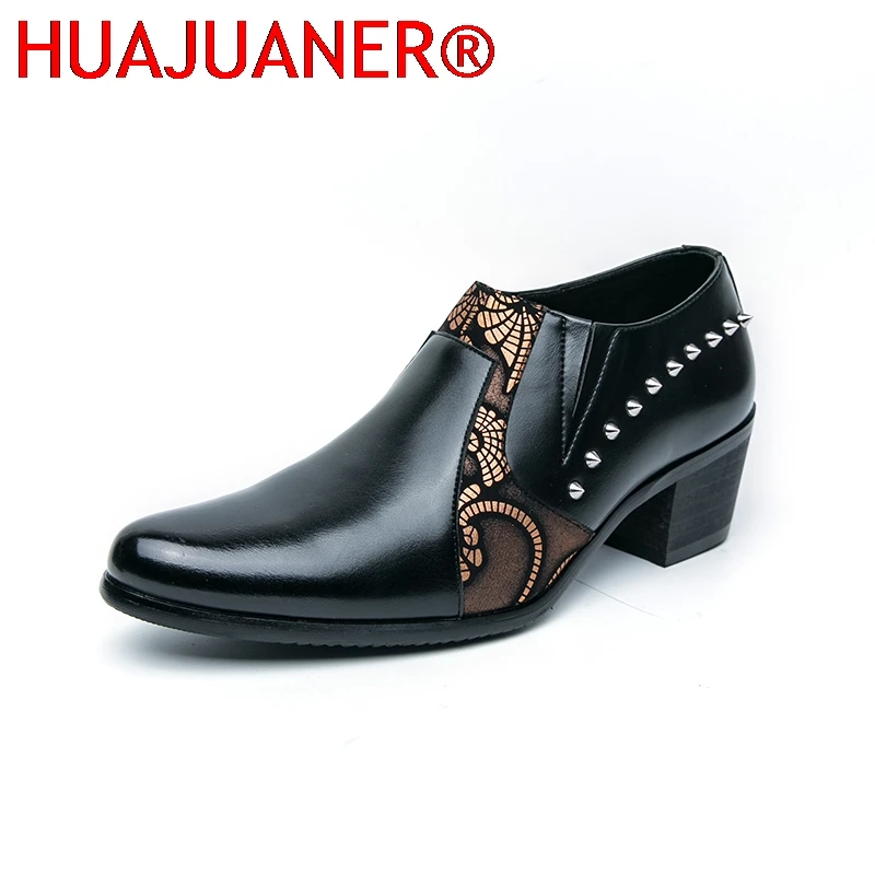 

Black Leather Business Dress High Heel Men's Shoes Pointed Toe Slip-on Rivets Elegant Party Wedding Shoes Thick Bottom Plus Size