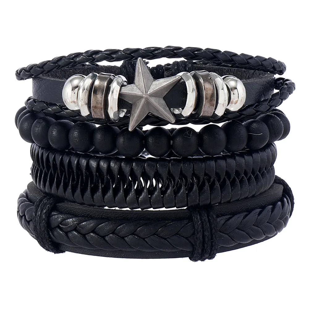 Trendy Black Men's Minimalist Bracelet Alloy Five Pointed Star Beaded Leather Bracelet Combination Set Of Four Party Accessories image 6