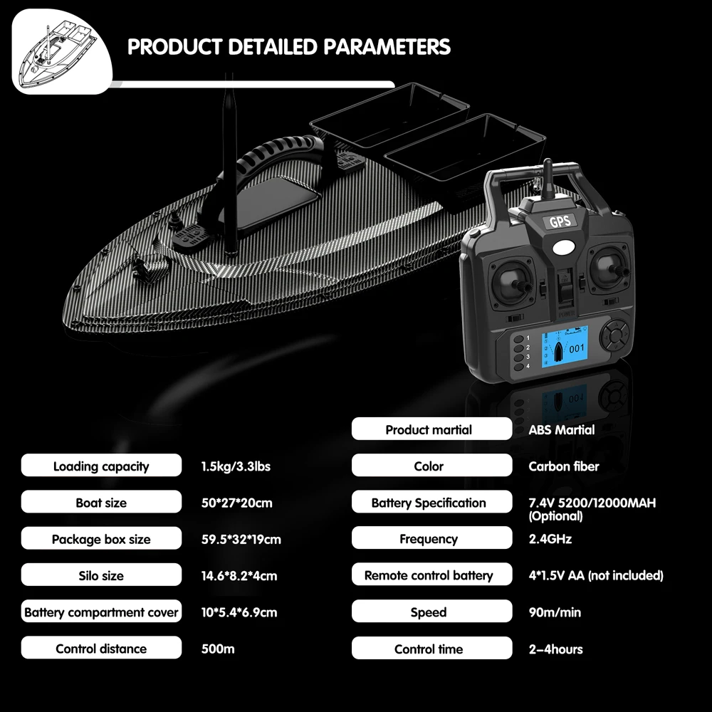 V070 12000mAh/5200mAh RC Bait Boat 500 Meters GPS 40 Point Positioning 2 Hoppers 1.5KG Automatic Return Fishing Bait Boat