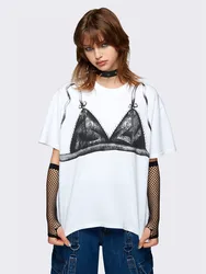 Women Summer White Short Sleeve T-Shirts Funny Bra Prints Round Neck Loose Tee Female Punk Grunge Trendy Tops Club Streetwear