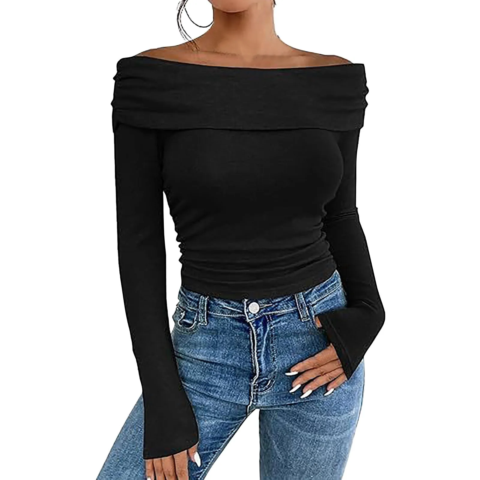 Solid Slash Neck Top Women Off Shoulder Long Sleeve Skinny T-shirt Harajuku Y2k Female Clothing Spring Casual Shirts