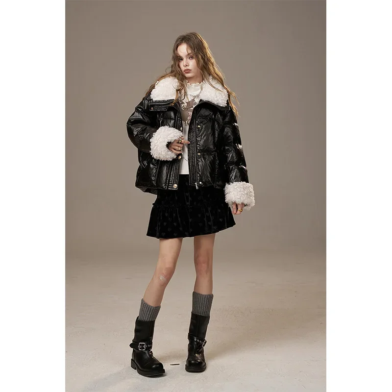 ELFSACK  Winter Casual Winter Fur Patchwork Short Down Jacket For Woman