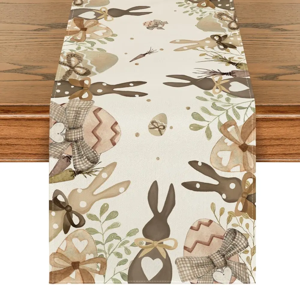 

Easter Bunny Egg Carrot Bowknot Leaves Linen Table Runner Party Decor Spring Kitchen Dining Table Runner Easter Decorations