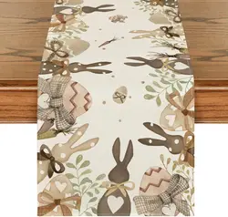 Easter Bunny Egg Carrot Bowknot Leaves Linen Table Runner Party Decor Spring Kitchen Dining Table Runner Easter Decorations