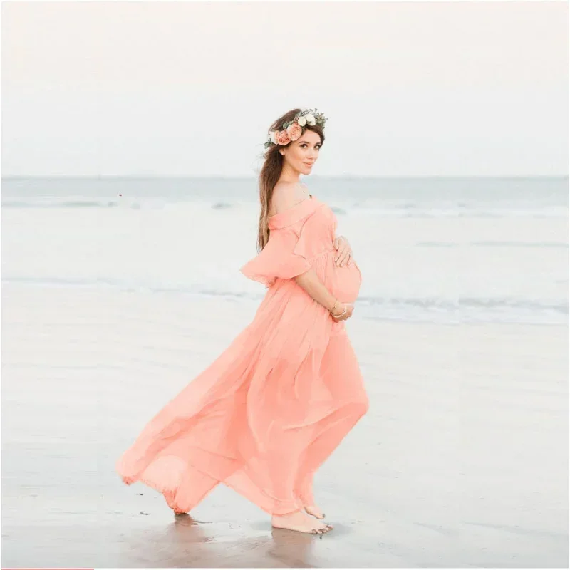 Summer New One-line Collar Cotton Patchwork Dress Pink Loose Fashionable Maternity Gown Photography Props Clothes