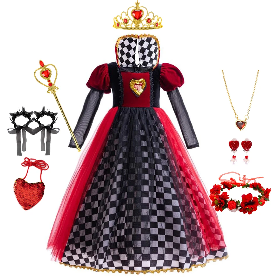 Disfraz de Reina de Corazones para Niñas, Falda a Cuadros Blanca y Negra con Tul Rojo, Disfraz de Halloween para Niños, Traje para Fiesta Temática
