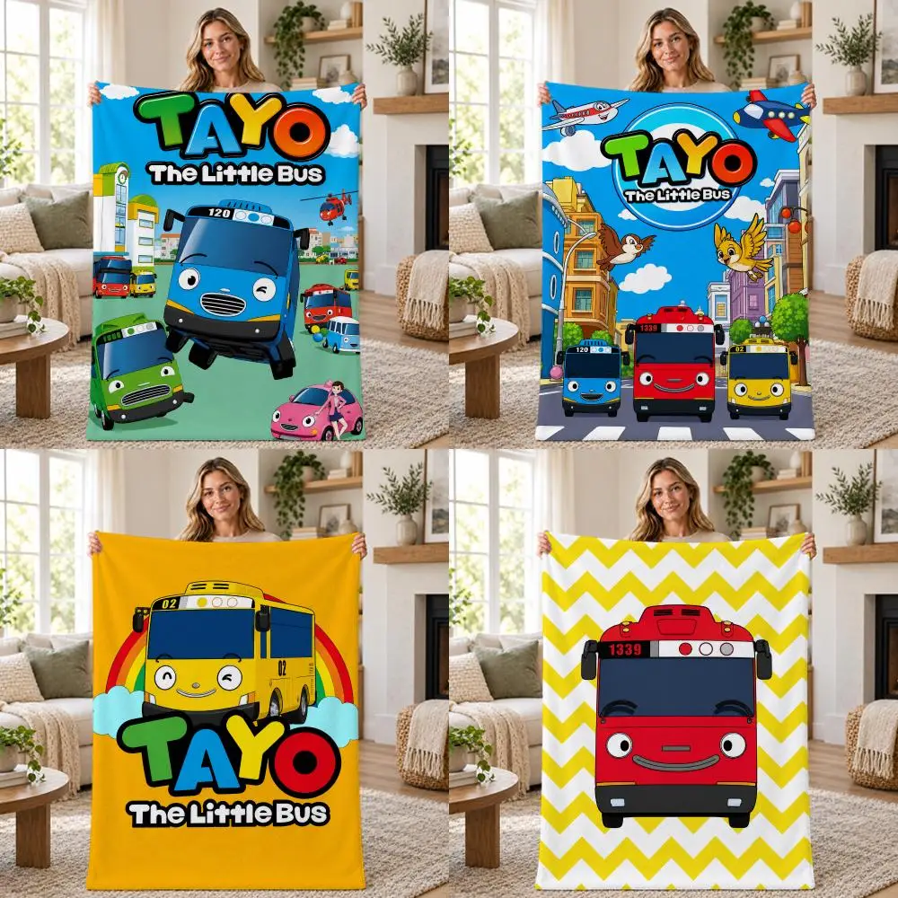 Cartoon Kids Tayo Little Bus Throw Soft Warm Flannel Throw Blanket for Sofa Bed Office Home Holiday Gift All Season
