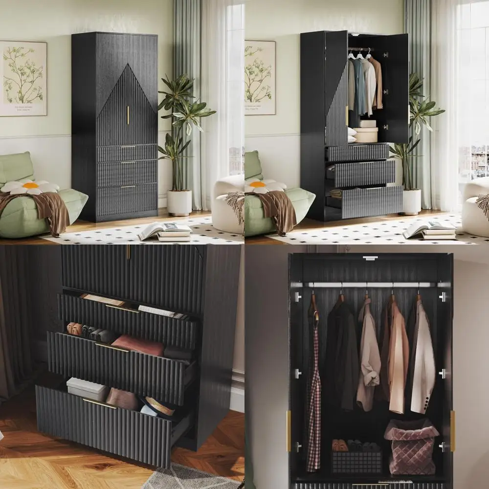 Large Wooden Wardrobe Armoire with Double Doors, 3 Drawers, and Hanging Rod for Bedroom Storage