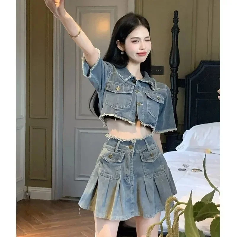 Retro Washed Raw Edge Short Shirt Denim Set For Women's Summer High Waisted Skirt Short Skirt Niche Two-piece Set WL43