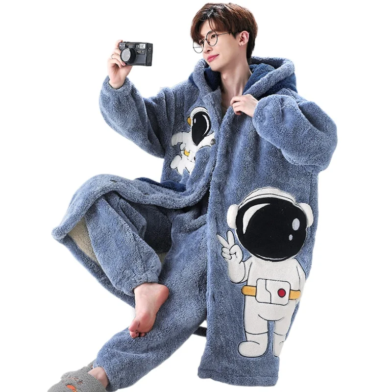 

Men Coral Fleece Robe Set Winter Plus Size Cartoon Thick Warm Flannel Men Robe Pijama Hombre Cardigan Robes Gown Robe for Men